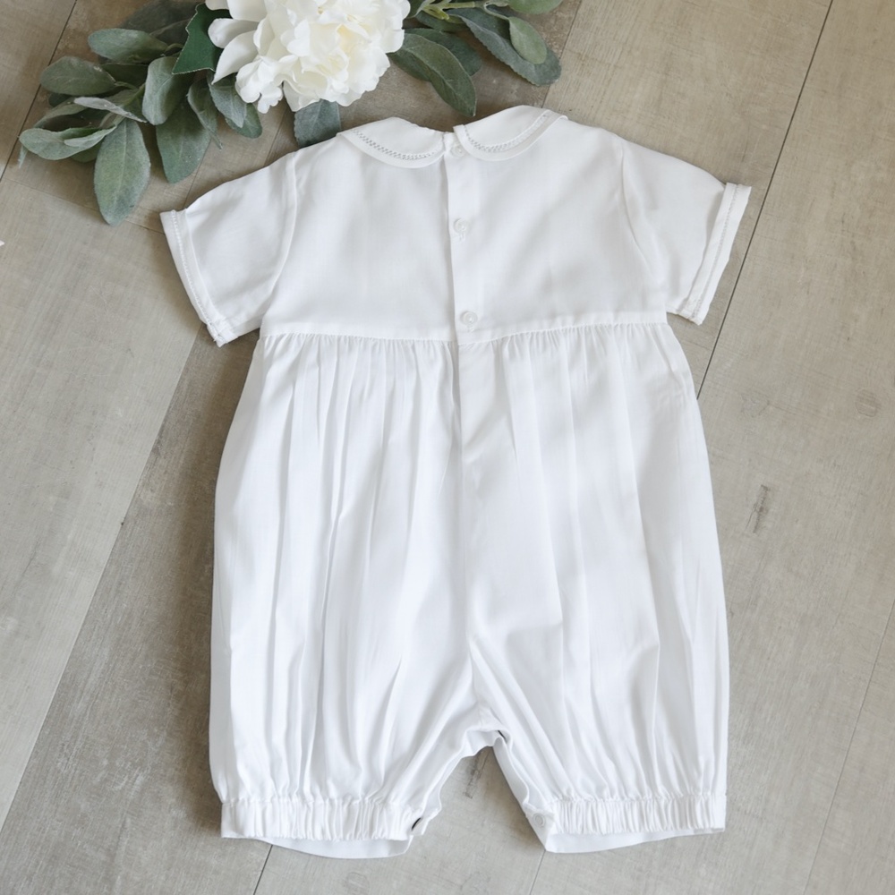 White Smocked Heirloom Romper Boys ShortAll Feltman Brothers Traditional NWT - Picture 6 of 6